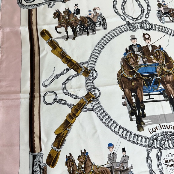 Hermes Pink, Cream & Brown 'Equipages' Silk Scarf - Picture 2 of 8